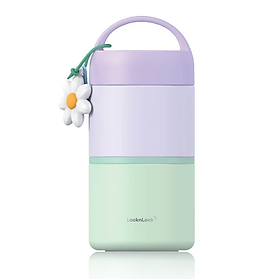 Bộ hộp cơm giữ nhiệt 2 tầng LocknLock New Tower Vacuum Lunch Box LHC8055VOL thép không gỉ 304 kèm muỗng và họa tiết trang trí