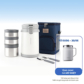 Bộ Hộp Cơm Giữ Nhiệt Lock&amp;Lock Easy Carry 2L LHC8039WHT Có Túi (1 Hộp 720ml, 2 Hộp 420ml Kèm 1 Bộ Muỗng Và Nĩa) Màu